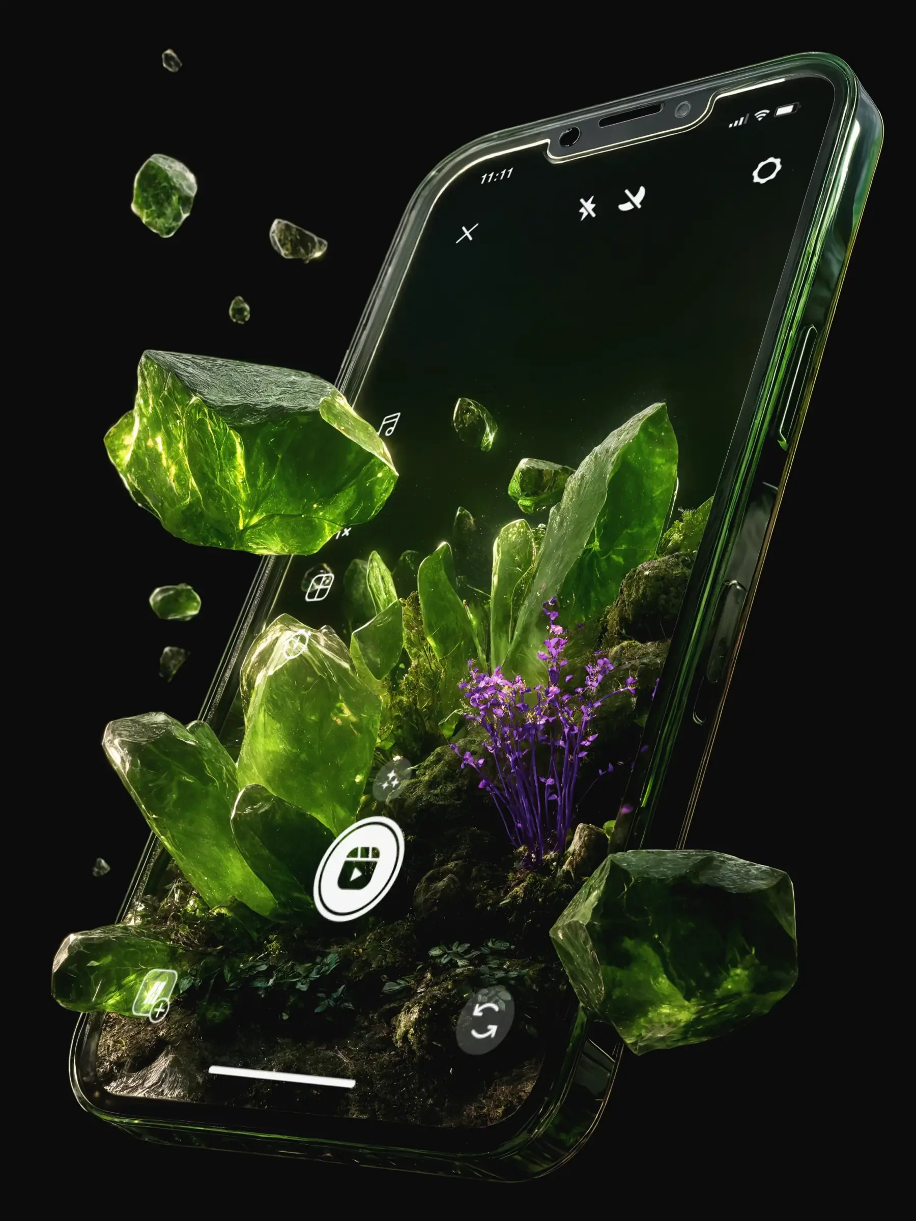 Celular exibindo uma experiência em realidade aumentada com cristais 3D saindo da tela