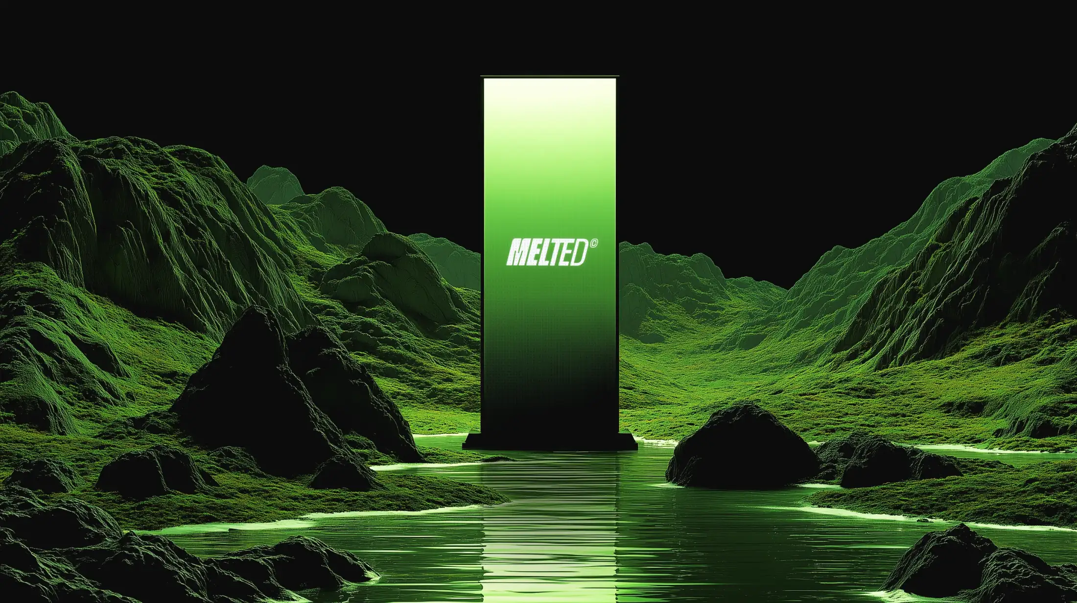 Totem com tela interativa da Melted em uma paisagem 3D verde
